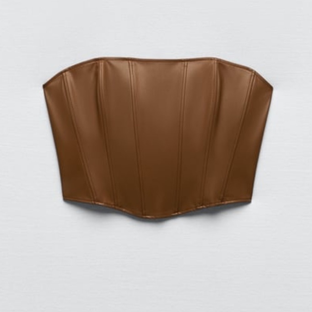 Zara Faux Leather Corset Top. Brown. Medium